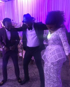 Akwaboah, Peter Okoye and Becca at Sarkodie and Tracy's white wedding held at Labadi Beach Hotel in Accra on Saturday, July 21.