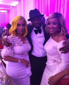 Peter Okoye, Joeslyn Dumas and Juliet Ibrahim at Sarkodie and Tracy's white wedding held at Labadi Beach Hotel in Accra on Saturday, July 21.
