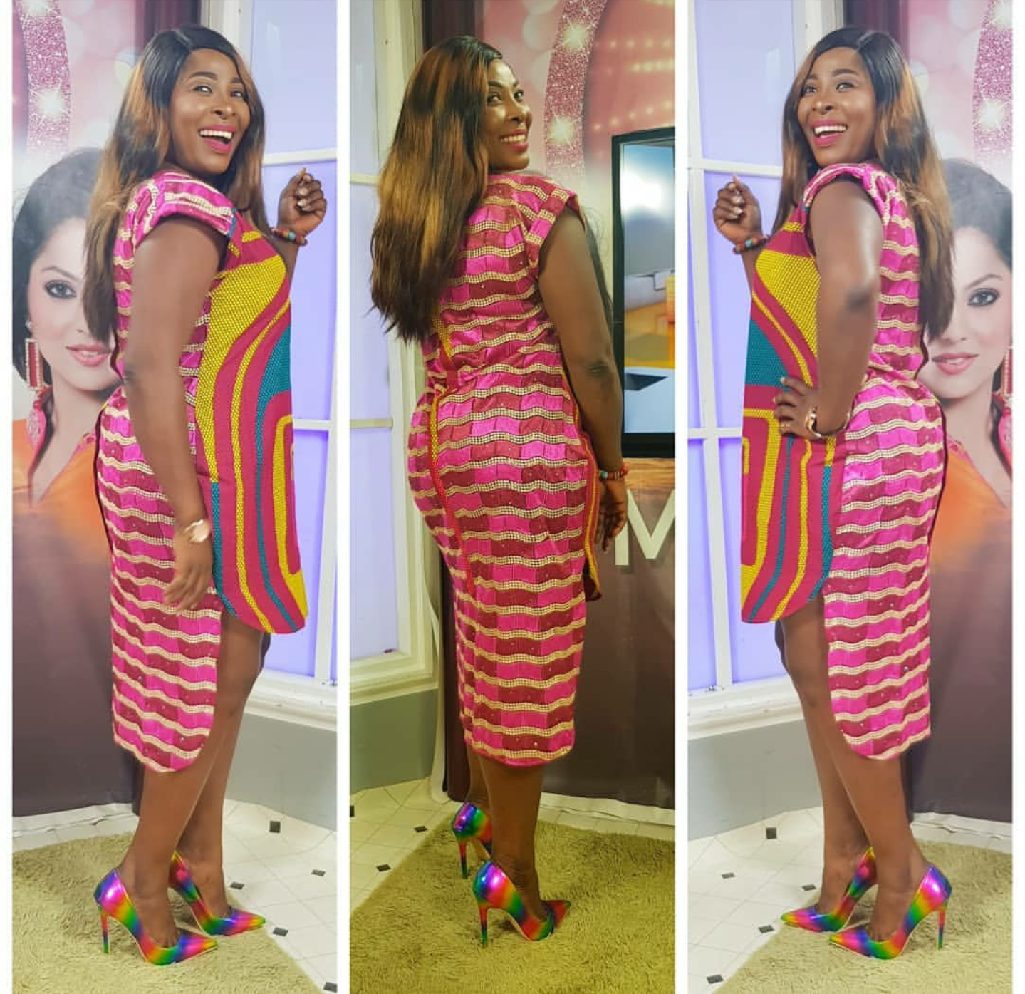 Gloria Sarfo served a look in this uneven-cut dress and gorgeous multi coloured heels