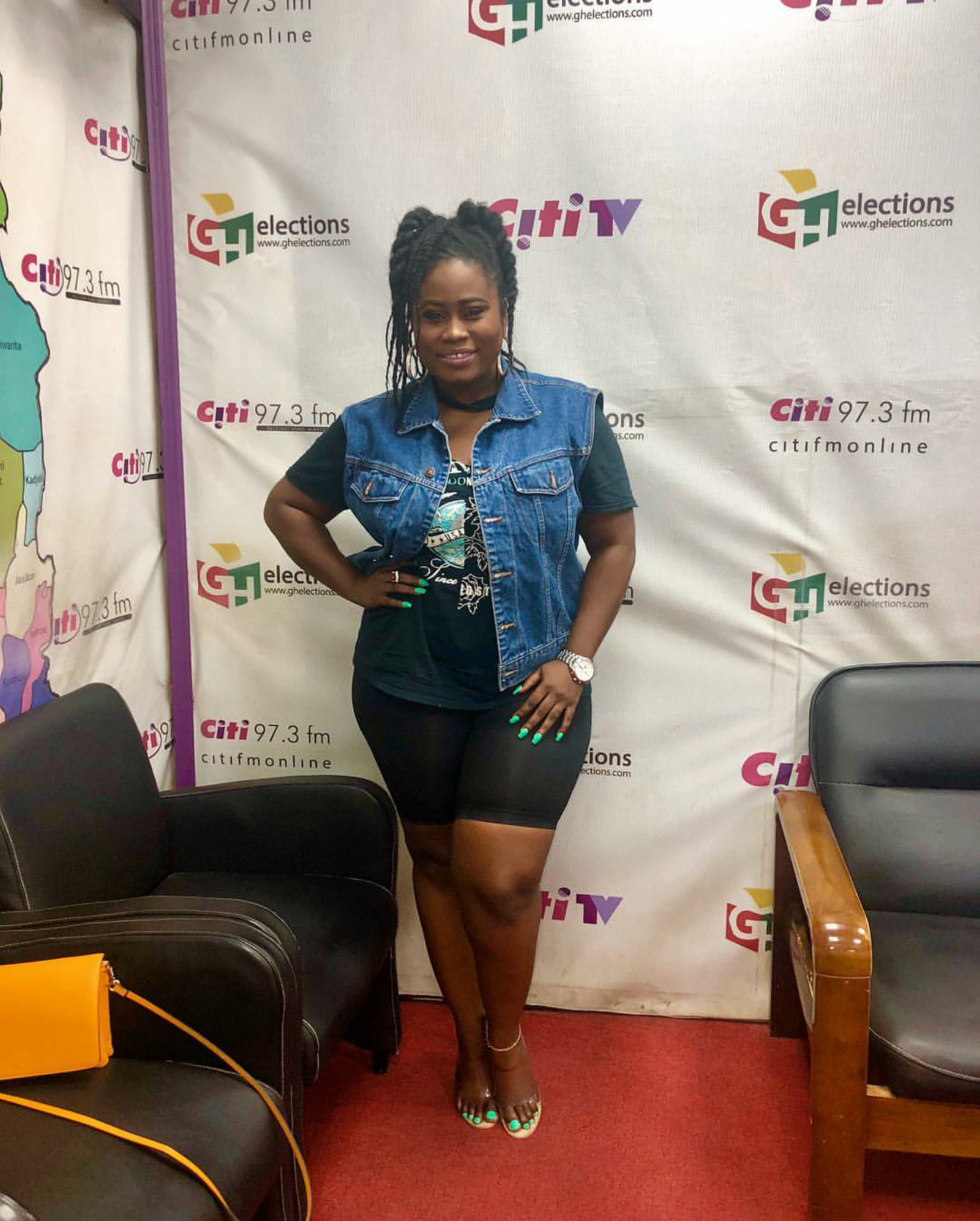 Lydia Forson served a look in this denim on tee over sports short 