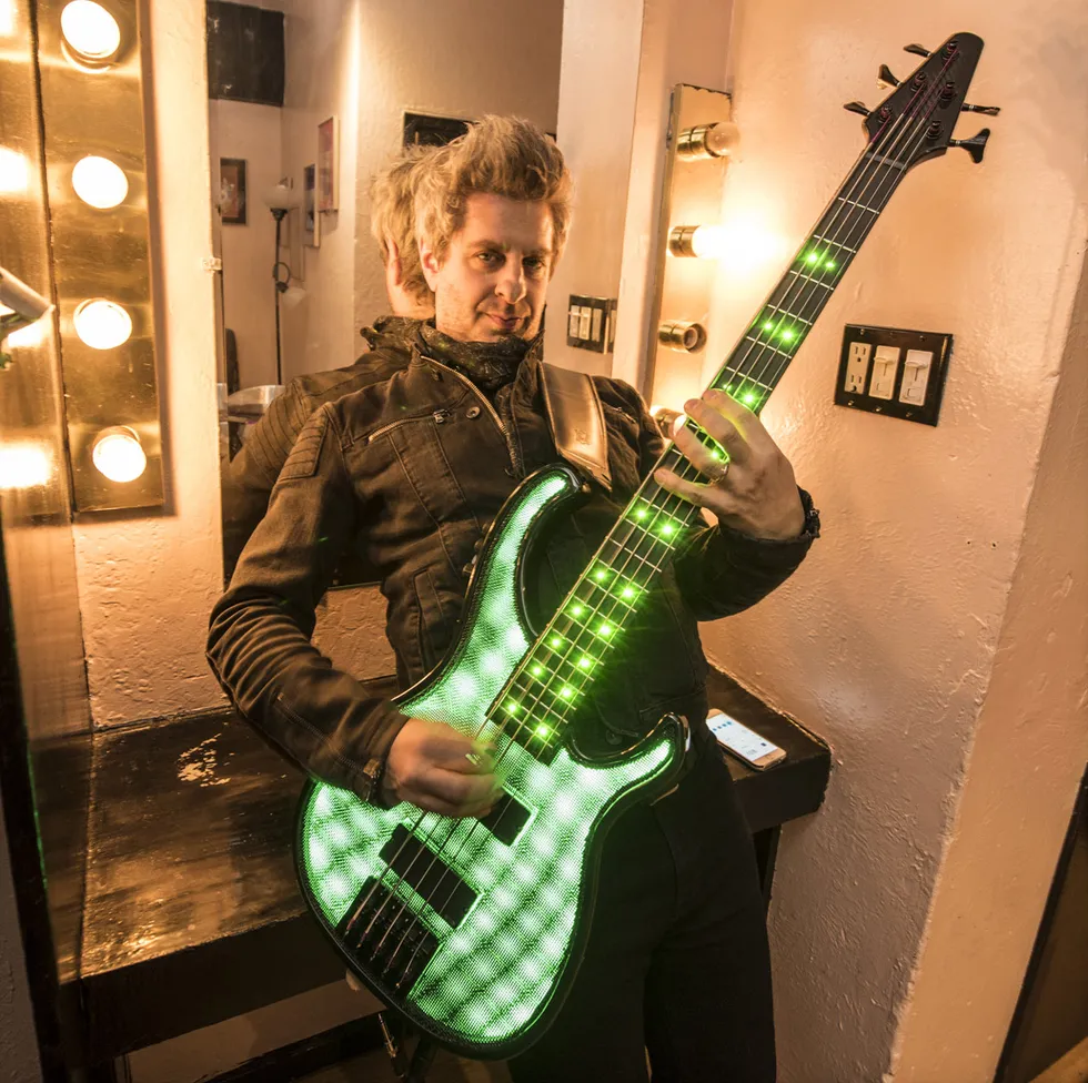 mike gordon designed his custom moire basses with ben lewry of visionary instruments two screens and led lights in the see thro